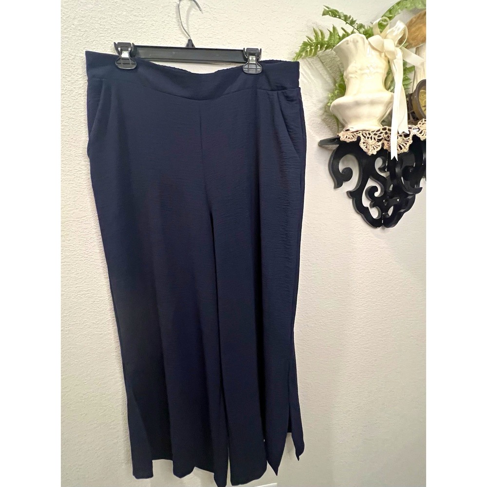 Adrianna Papell Navy Wide-Leg Pull On Ankle Palazzo Slit Side Stretch Pants XL
